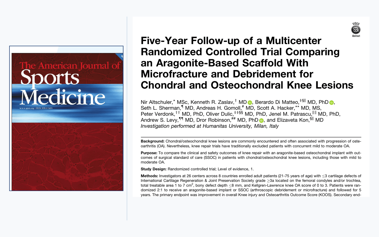 American Journal of Sports Medicine and AOSSM masthead beside the first page of the 2026 five-year CartiHeal randomised controlled trial