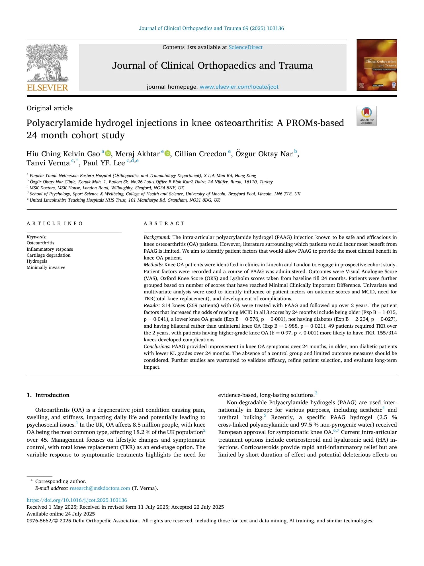 First page of the 2025 Arthrosamid 24-month cohort publication