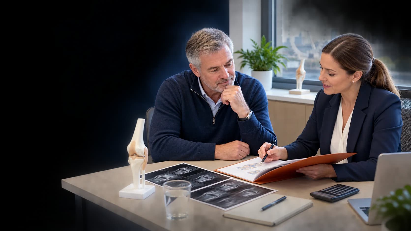 Specialist reviewing a knee treatment plan and costs with a patient