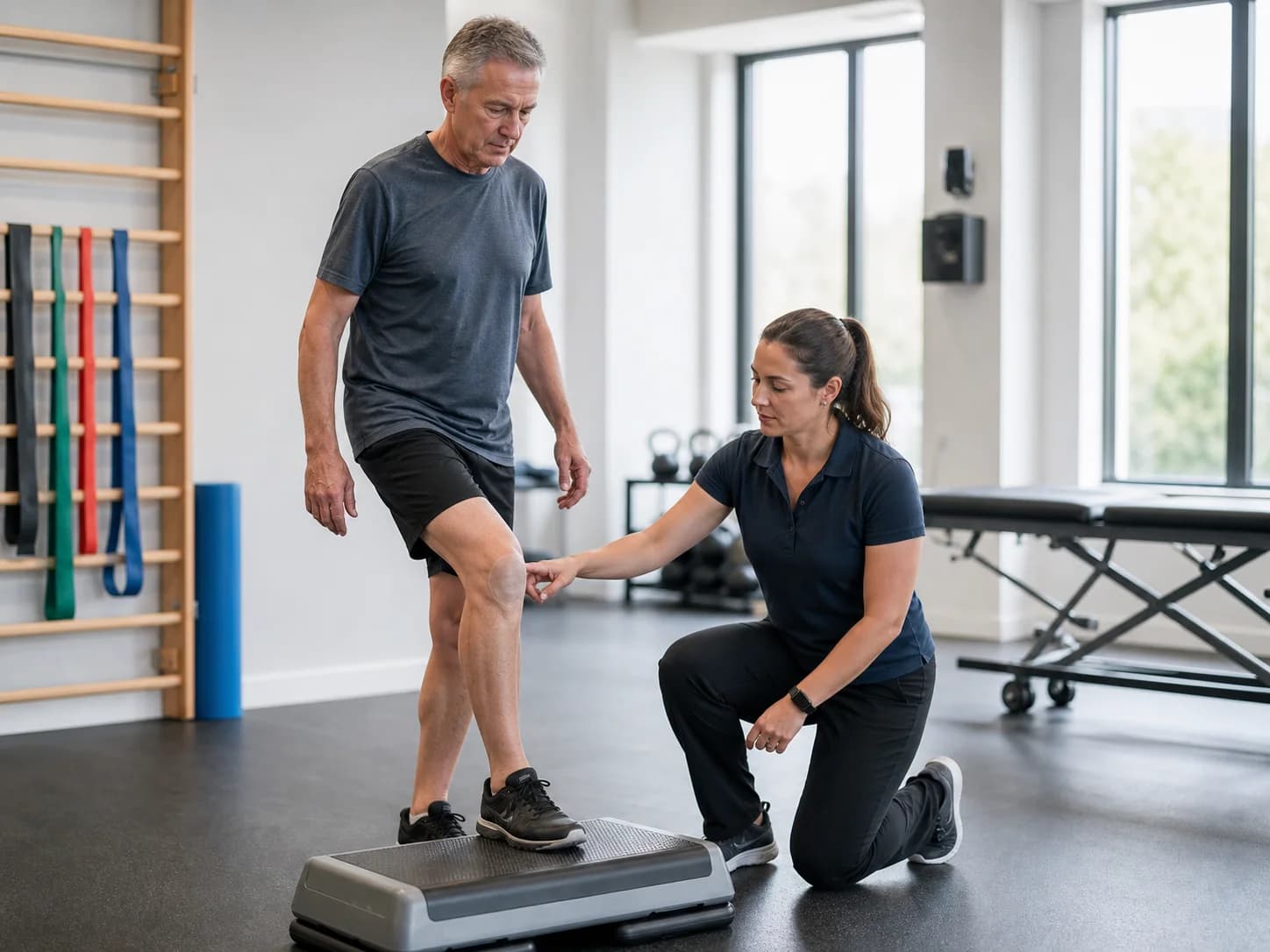 Patient completing a controlled step exercise with a physiotherapist during knee rehabilitation