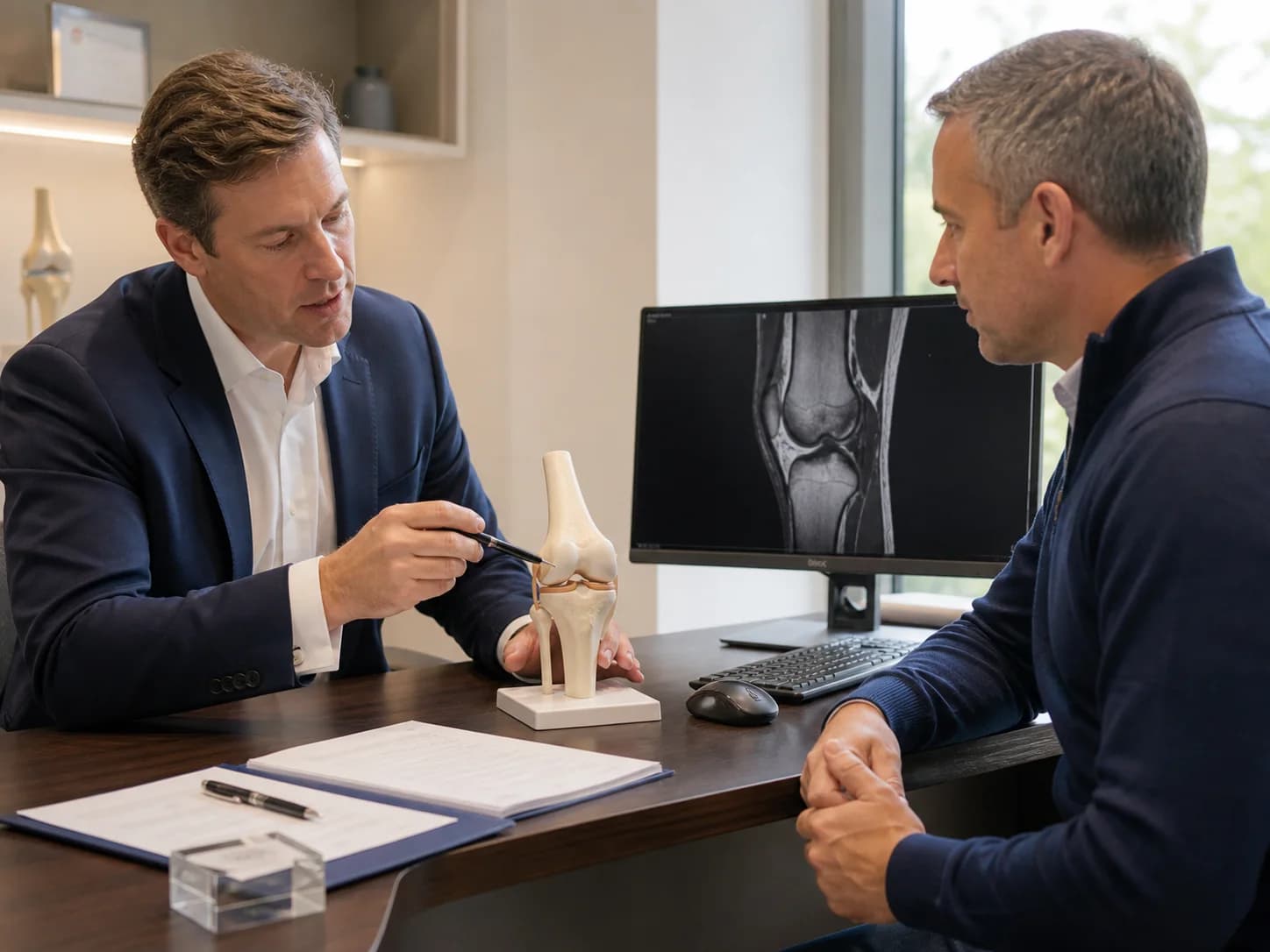 Clinician and patient discussing knee surgery risks with a model and MRI