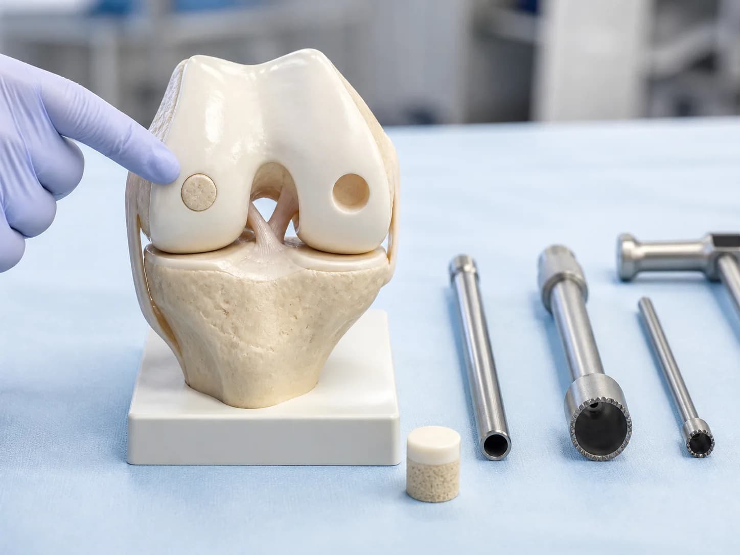 Osteochondral transfer training model with cartilage-and-bone plug and coring instruments