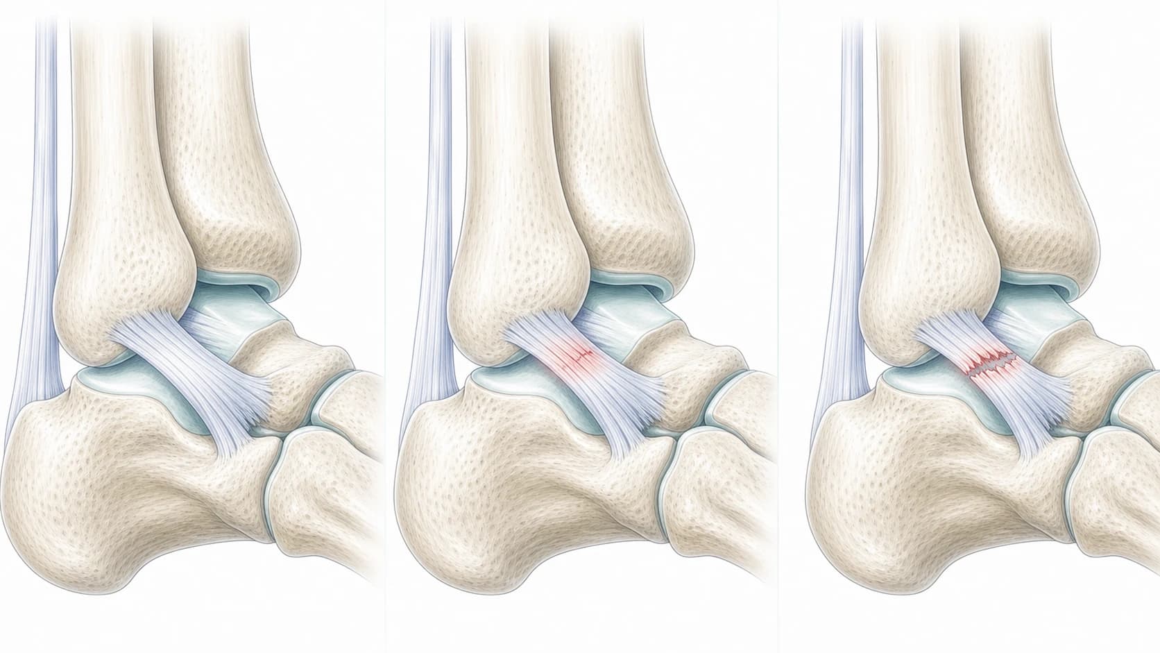 Clinical illustration of a normal lateral ankle ligament, a continuous sprain and a partial tear with useful fibres remaining